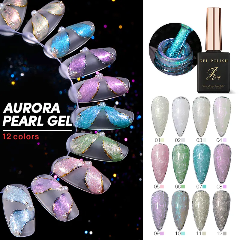 JTING Hot populaire 12 couleurs étincelles aurora perle gel vernis OEM marque privée perle poudre ongles uv gel vernis ensemble