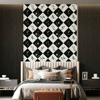 Wallpaper Retro Hitam Putih Bermotif Kotak-kotak Bunga, Stiker Dinding Perekat Diri Tahan Air dan Tahan Lembab untuk Dekorasi Latar Belakang