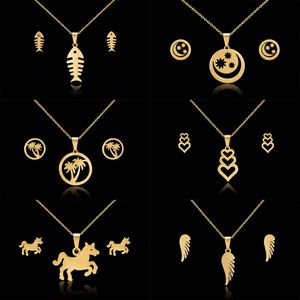 Nuevo Collar y Pendientes de Joyería de Moda para Novia, Regalo de Boda, Chapado en Oro de 14K, Acero Inoxidable, Diseño de Espina de Pescado, Ala, Caballo y Flor - Product Image 1