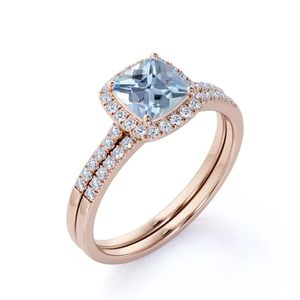 925 Sterling Silver Aquamarine Diamond Halo Engagement <b>Wedding</b> <b>Ring</b> Classic <b>Cushion</b> Cut Prong Setting Fine Silver <b>Ring</b> - Product Image 5