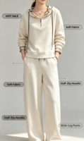 Ensemble de survêtement en coton beige respirant et doux avec sweat à capuche et pantalon large à demi-zip pour femme – Collection Automne – Offre Spéciale