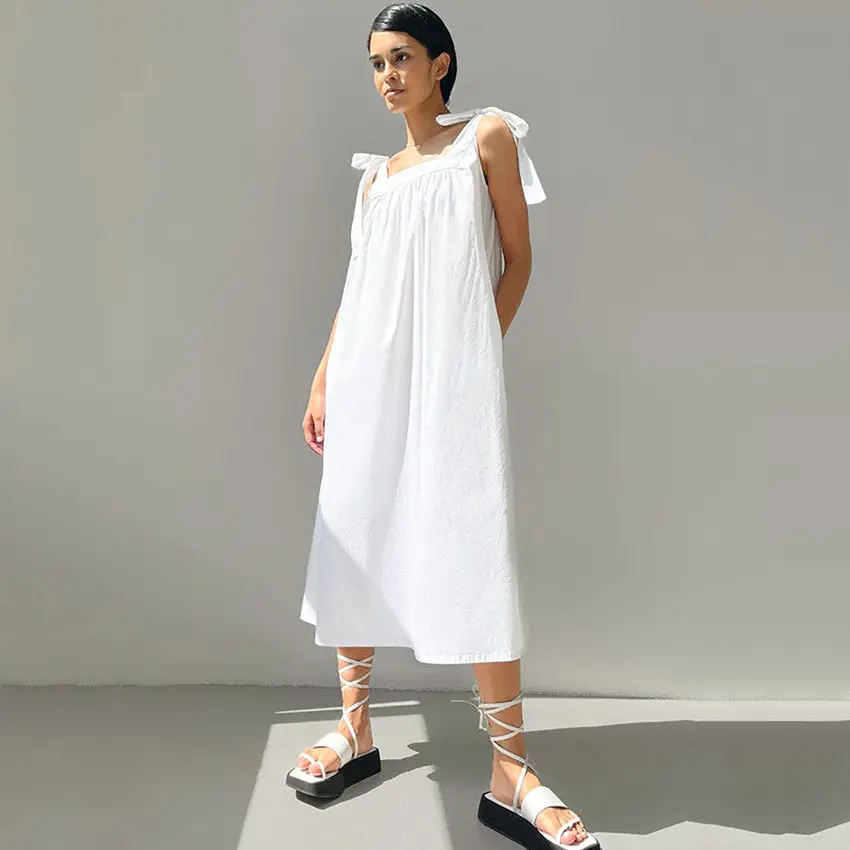 Mandy Mandy 2023 estate nuovo francese Casual sciolto cotone lino fiocco vestito fionda dritto a-line abbigliamento donna bianco