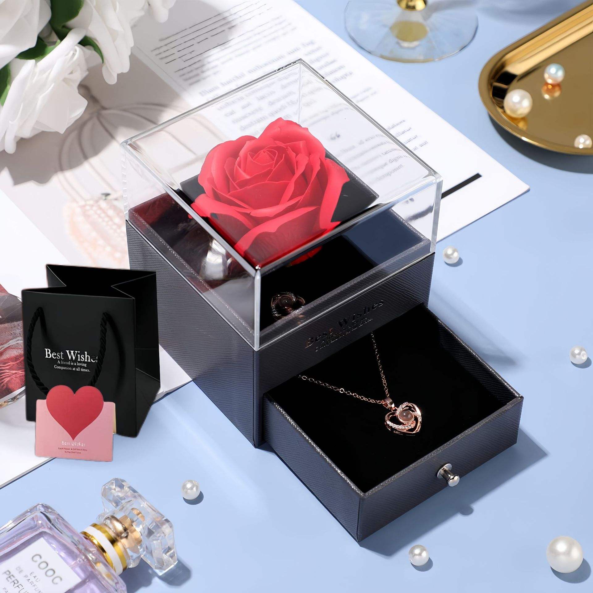 Collier rose doré-coffret cadeau rose
