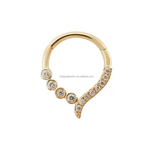 Anello al naso circolare genuino 14K oro massiccio Multi zirconi anello con Clip al naso senza cuciture orecchino cartilagine gioielli Piercing al polsino