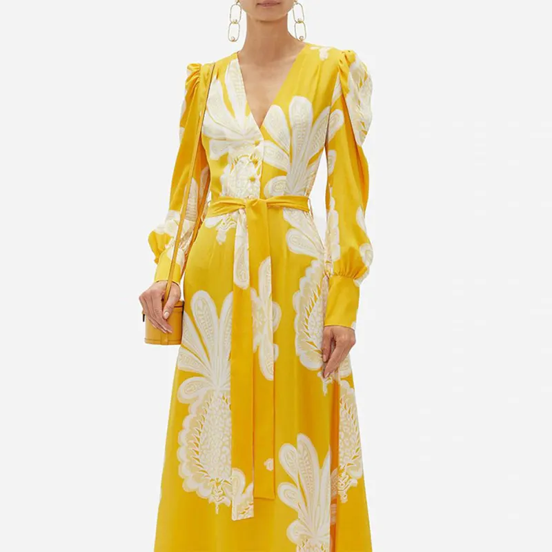 HL fashion manufacturer designer summer cotton robe yellow vacation floral printed belt women wholesale custom puff sleeve dress