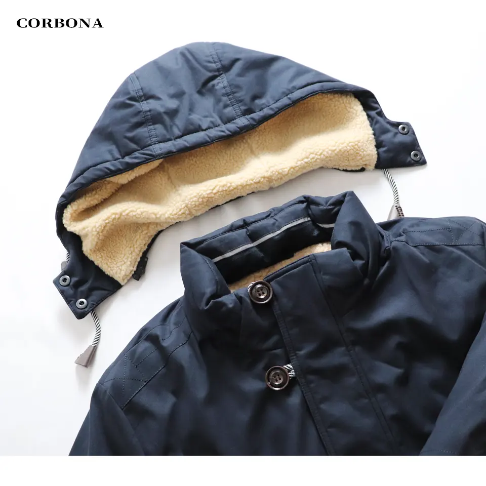 Jaket katun pria CORBONA, kualitas tinggi, pakaian katun hangat, jaket bisnis kasual, mantel panjang menengah, topi wol domba tebal