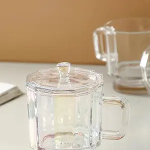 2022新款水咖啡花透明无铅杯带手柄和盖子玻璃杯饮茶咖啡牛奶杯