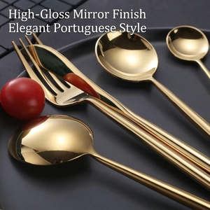 Juego de Cubiertos de Acero Inoxidable 430 al Estilo Portugués, Dorado, Pulido a Espejo, Vajilla de Lujo para Hotel, Bodas y Eventos, Venta al Por Mayor - Product Image 3