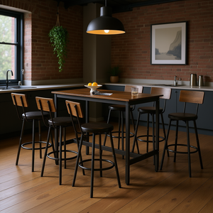 Ensemble de table haute Db Pub, 7 pièces, mobilier de bar industriel, structure métallique rectangulaire, chaises en cuir PU pour la maison et la cuisine - Product Image 2