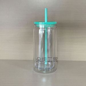 Oferta Especial: Vaso de Vidrio de 16oz con Doble Pared, Estilo Bola de Nieve, con Tapas con Orificio Pre-perforado y Tapones, Tapas de Colores, Cuerpo Transparente, Estilo DIY - Product Image 1