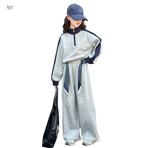 Ensemble de sport pour filles 2025 automne nouveau sweat court à blocs de couleurs ruban <span class=keywords><strong>pantalon</strong></span> large ensemble deux pièces pour les enfants plus âgés - Product Image 1