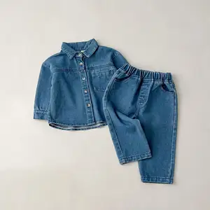 2023 Mới Thời Trang Bé Toddler Cô Gái Denim Trang Phục Thiết Lập Màu Xanh Dài Tay Jean Áo Khoác + Quần Jean 2 Pcs 1-6 Năm