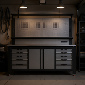 Banc de travail en acier pour garage, 82 pouces, avec panneau perforé, étagères réglables, tiroirs de rangement pour outils - Product Image 2