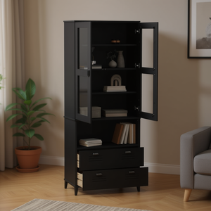 Mobile da soggiorno nero con ante in vetro e cassetti, mobile moderno per l'arredamento d'interni. - Product Image 2