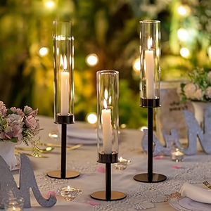 <span class=keywords><strong>Bougeoir</strong></span> <span class=keywords><strong>noir</strong></span> avec couvercle en verre, décoration de mariage, centre de table, bougeoirs pour bougies coniques, décoration de fête, décoration de la maison - Product Image 1