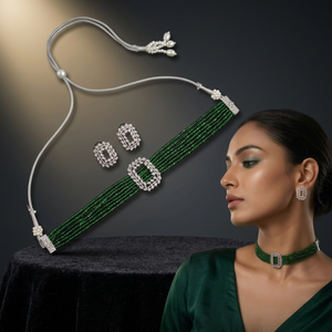 Silver Plated Hydro Bead Choker Necklace <b>Set</b> Maroon Ruby Red Multi Layer Crystal Beads Collar Necklace with CZ Stud Earrings - Product Image 2