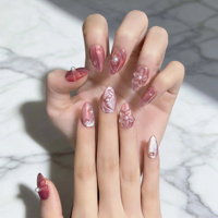 Kuku Akrilik Peach Pink Shimmer Cat Eye Buatan Tangan, Teknik Press On, 3D Embossed Bunga Mutiara Cangkang Kerang Bentuk Almond, Dekorasi Ujung Kuku Custom