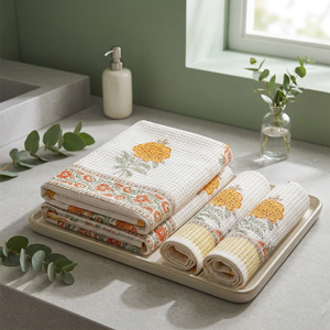 Juego de Toallas de Algodón Waffle de la Mejor Calidad, 1 Toalla de Baño y 2 Toallas de Mano, Secado Rápido, Diseño Floral Estampado a Mano, Rectangulares, para el Hogar - Product Image 2