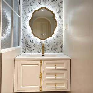 Middle ancient style bathroom cabinet with black solid wood sink and intelligent <b>mirror</b> cabinet storage integrated - Product Image 1