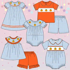 High Quality Smocked Halloween Kids Clothing Custom Printed Boutique Pumpkin Embroidery Ruffle Sleeves Fashion Girl Sets