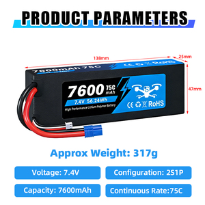 Hartschalen-Halbfestkörper-LiPo-Akku 2S 7,4V 7600mAh/8000mAh 75C Hochleistungs-Deans-Stecker für RC-Autos, Trucks, Boote, Buggys, Crawler - Product Image 2