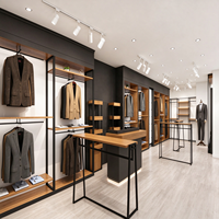 Comptoir de présentation pour boutique de vêtements pour hommes, design intérieur, cadre en métal noir, étagère en bois, rail de suspension, CE ETL