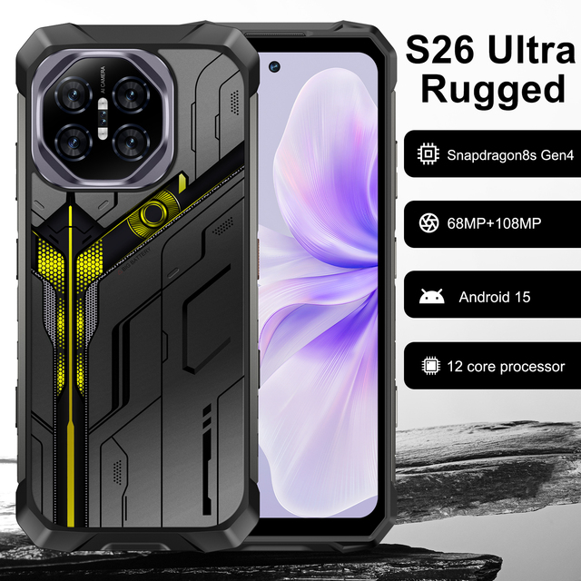 Vision Android 15 S26 Ultra Rugged Gaming Phone IP68K Waterproof LCD Fingerprint 108MP Camera Shockproof Dustproof