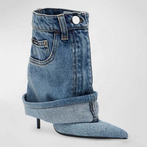 Size 45 Custom Denim Short Pants <b>Boots</b> Thin High Heels Pointed Toe Overlay Ankle Booties Wide Top Women's Trend Folded Shoes - Product Image 5