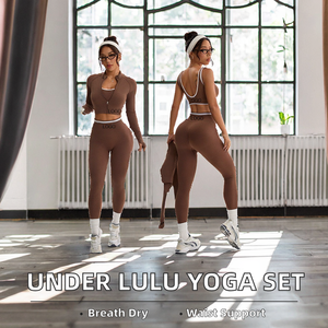 Lulu Custom Solid <b>Yoga</b> Suit Three-Piece Long Sleeve Cardigan <b>Jacket</b> High Waist Contrast Seamless Pants Breathable Quick-Drying - Product Image 2