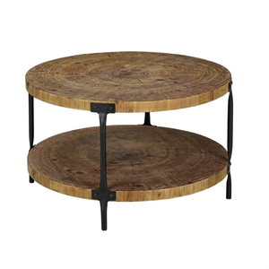 Mesa de Centro Redonda Rústica de 2 Niveles de Madera con Marco de Metal Negro, Mesa Auxiliar Moderna de Estilo Industrial para Sala de Estar - Product Image 1