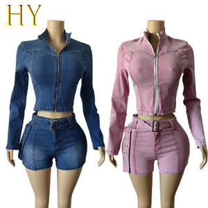 Collezione <span class=keywords><strong>Boutique</strong></span> autunno inverno 2025 da donna <span class=keywords><strong>Casual</strong></span> 2 pezzi Top e Shorts a collo a manica lunga in tinta unita in Denim taglie S-2XL - Product Image 4