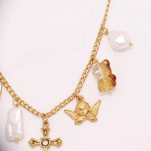 Designer oro 18k in acciaio inox PVD placcato oro molti charm cupido piccolo orso croce perla ciondolo collana a catena gioielli - Product Image 3