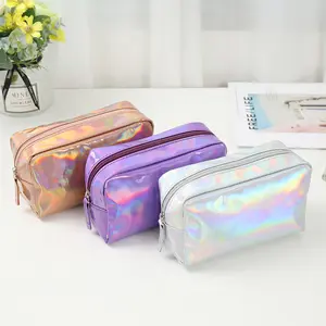 Tahan air disesuaikan Tpu tas kosmetik holografik Logo kustom transparan Pvc Toilet kecantikan Make up tas