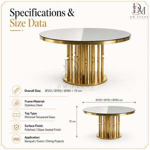 Table de salle à manger ronde personnalisée en acier inoxydable doré avec base verticale en tige et plateau en verre trempé miroir - Product Image 4