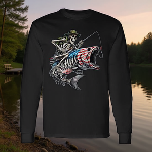 Camiseta de manga larga con diseño de calavera de pez y bandera americana para pescador - Product Image 3