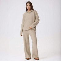 Usine de tricots ODM & OEM : Ensemble pull et pantalon pour femme personnalisé avec fermeture éclair 1/4, en mélange de laine