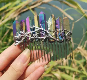 DIY Direct Supplier tree fork DIY Natural Crystal Rainbow colorful gold comb Bridal Silver Thread 20 tooth comb