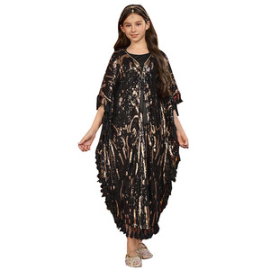 New Girls Muslim Sequin Embellished <strong>Kaftan</strong> Abaya with Tassels <strong>Black</strong> Islamic Kids Clothing - Product Image 1
