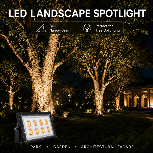 LED Landscape Spotlight 50W 100W IP65 Waterproof 30 Degree Narrow Beam Outdoor Tree Uplight Architectural Flood Light with RGB