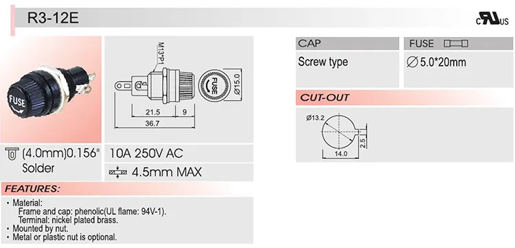 Pemegang Sekring tipe Bayonet R3-12 5*20 10A tegangan tinggi sekrup plastik kapasitas pemecah tinggi dengan sertifikasi R3-12E UL CSA