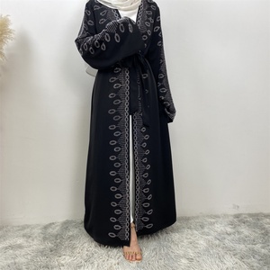 1424# Latest <b>Ladies</b> Design Nida Material <b>With</b> <b>Pockets</b> Shiny Hot Drilling Versatile <b>Black</b> Color Open Abaya Diamond <b>Cardigan</b> - Product Image 4