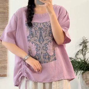 Women's Loose Cotton <b>Linen</b> T-Shirt <b>Plus</b> <b>Size</b> Drawstring Printed Asymmetric Short Sleeve Casual <b>Top</b> Summer Wear - Product Image 4