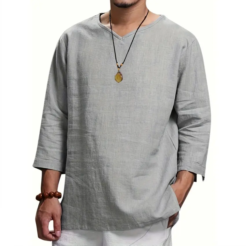 Kaus Linen katun leher V pria, atasan kasual bernafas warna polos lengan panjang Streetwear mode