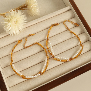 Pulsera de Perlas de Doble Capa, Acero de Titanio, Chapado en Oro de 18K, Apilable, Joyería Unisex, Regalo - Product Image 3