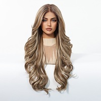 Peluca de Encaje HD 13*6, Fibra Sintética Futura, Suave, Larga y Lisa, Mezcla de Colores, 180% de Densidad, Ombre Rubio, Rayas Multicolor