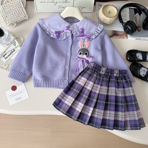 Nouvelle tenue de policier lapin pour filles, style scolaire, ensemble JK élégant en trois pièces, motif de dessin animé, jupe pour enfants en laine peignée - Product Image 3