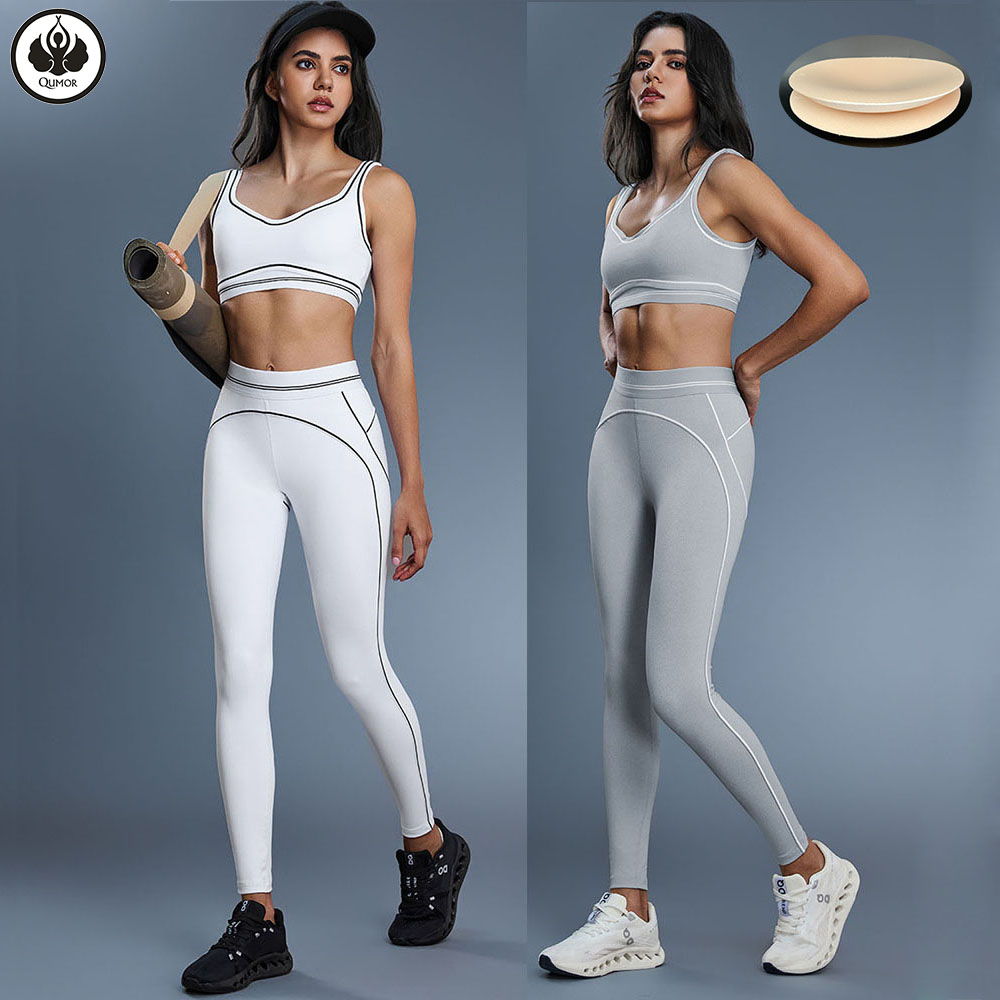 QUMOR Women's Plus Size Color Blocking Active Suit Beautiful Back Sports Bra Crop Top Mid Waist Hip Lift Leggings Breathable