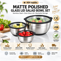 Bol à salade en acier inoxydable Shangwey avec couvercle en verre, ensemble de bols à mélanger, bols à mélanger en acier inoxydable