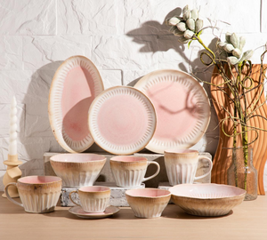Wholesale Custom Vintage Pink Reactive Glaze <b>Dinner</b> <b>Set</b>, Embossed Stoneware Plates Bowls, Free Design & Logo Available - Product Image 1