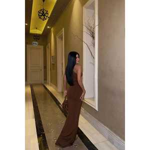 ชุดราตรีผ้าซาตินสีน้ำตาลทรงเอไลน์ คอวี แต่งเลื่อมถักยาวลากพื้น สำหรับงานพรอม - Product Image 3